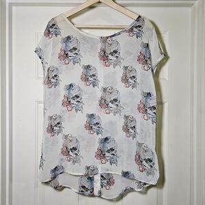Sophie Max Sheer Sleeveless Top White With Skulls & Koi Buttons Down Back Small